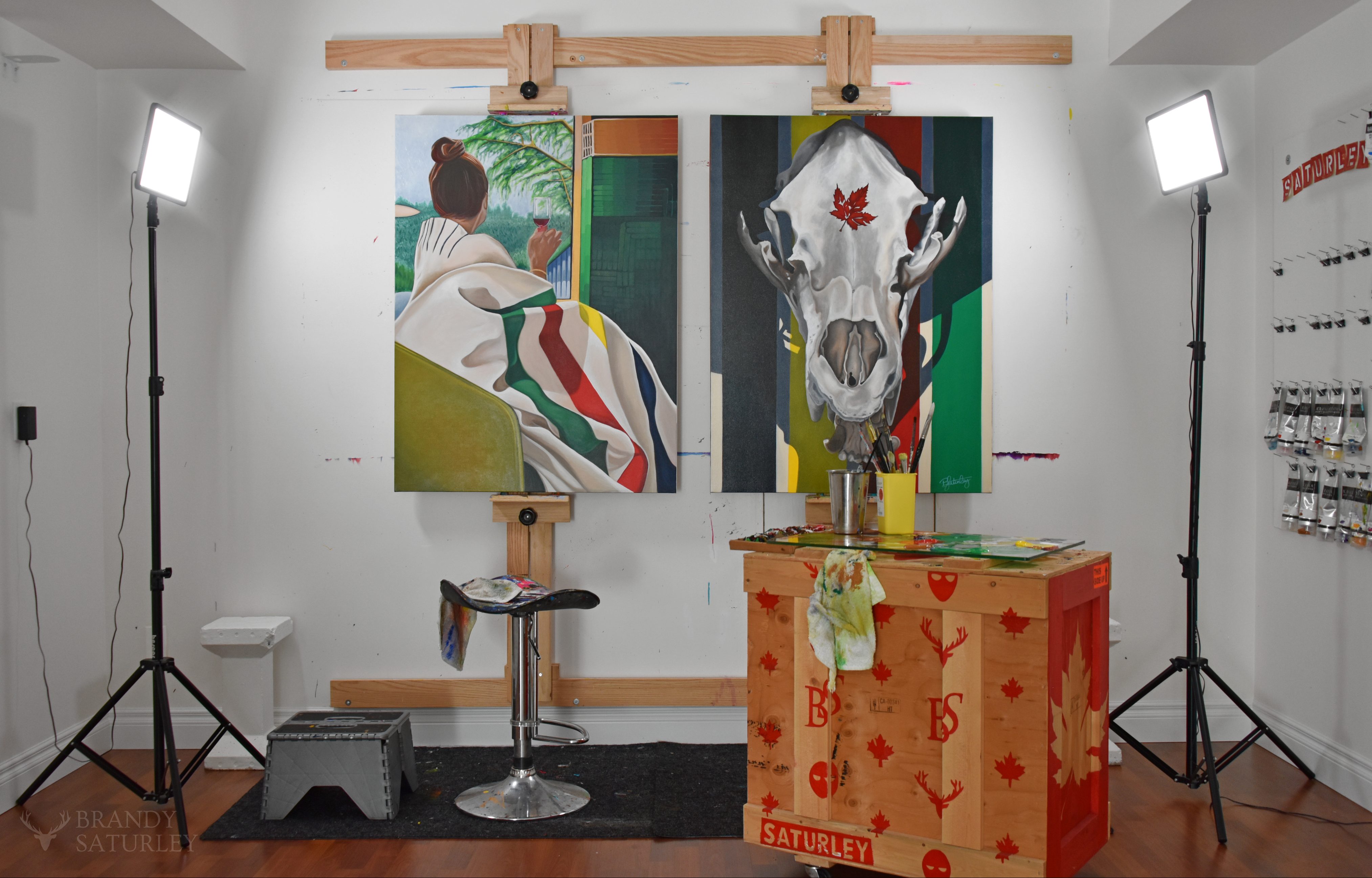 paintings featuring hudson's bay point blanket - interior Brandy Saturley art studio North Saanich