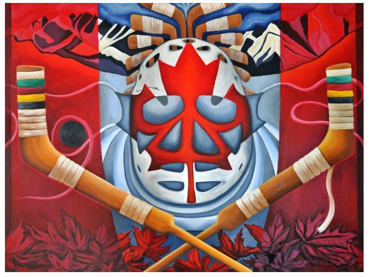 painting of hockey mask and sticks