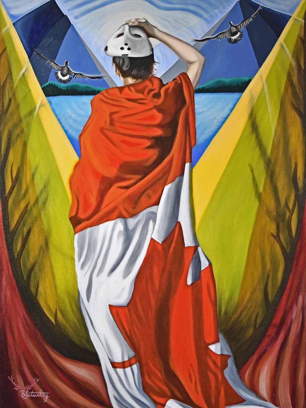 Canada flag and woman painting