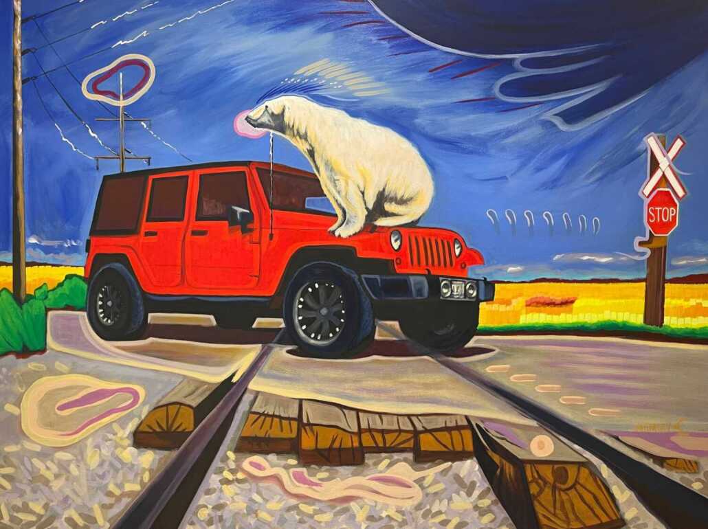 female polar bear painting on jeep