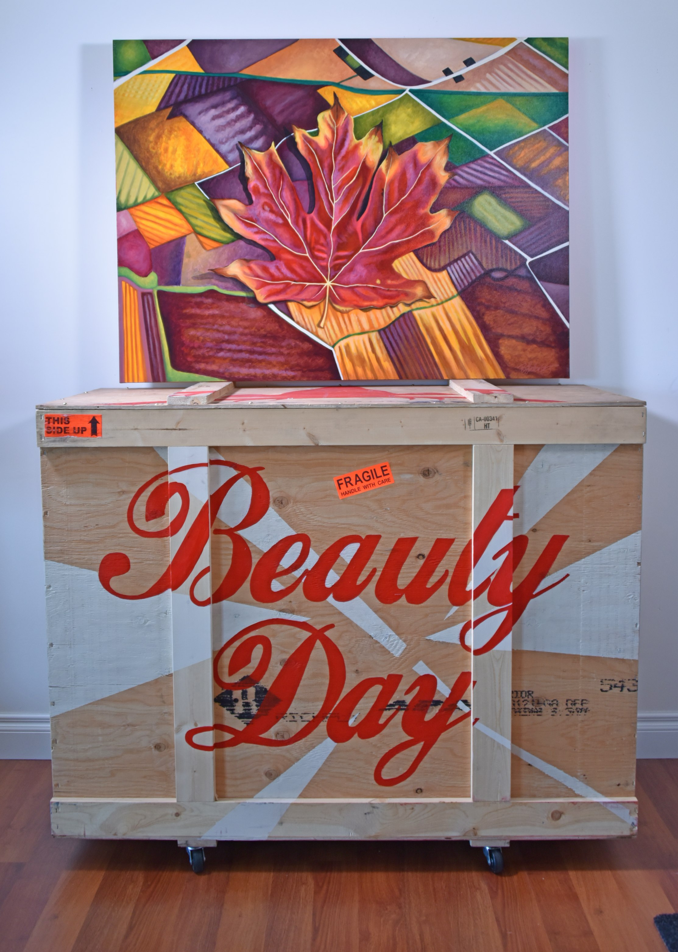 art shipping crate painted with text